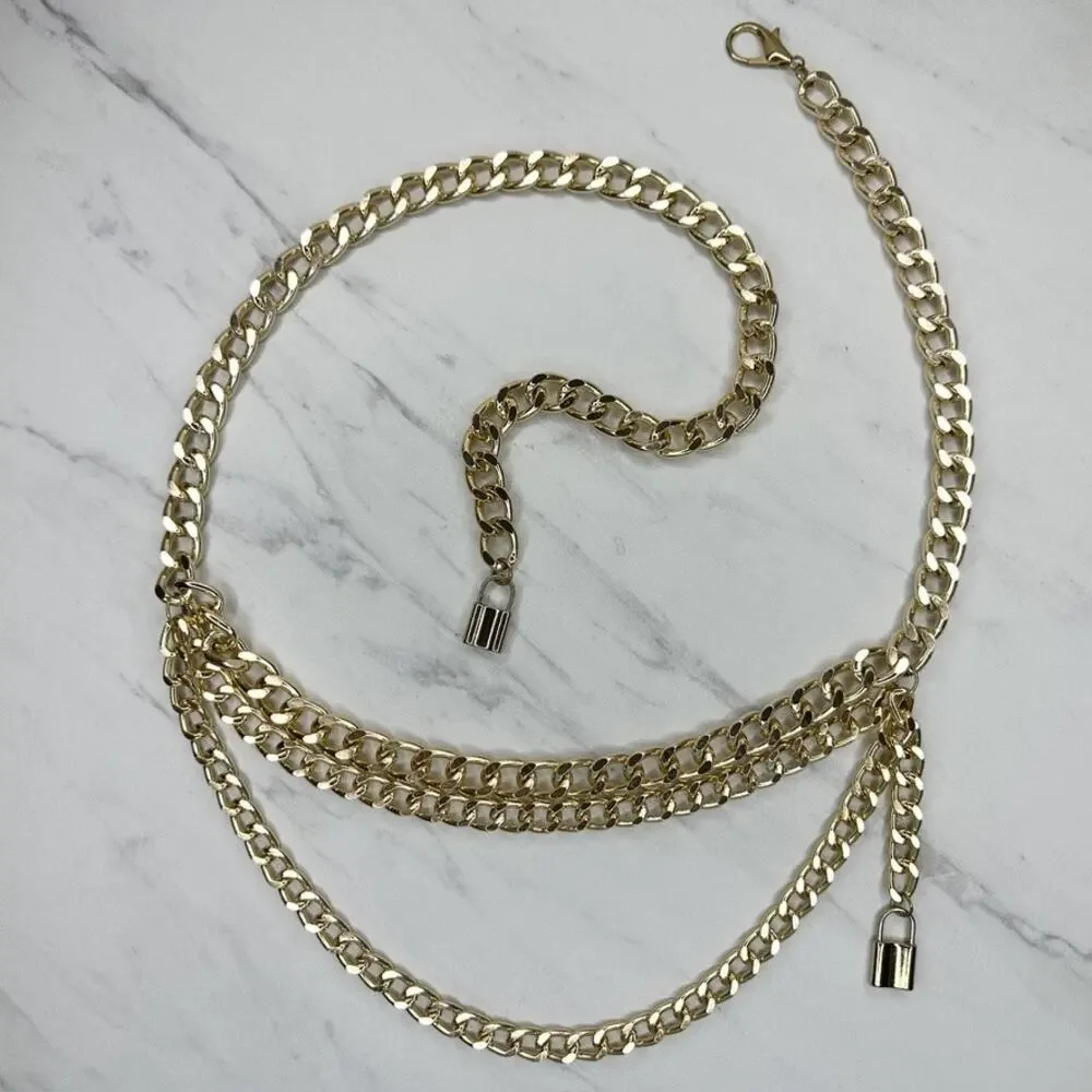 Chunky Gold Tone Chain Lock Charm Draped Belt One Size (OS) ✨